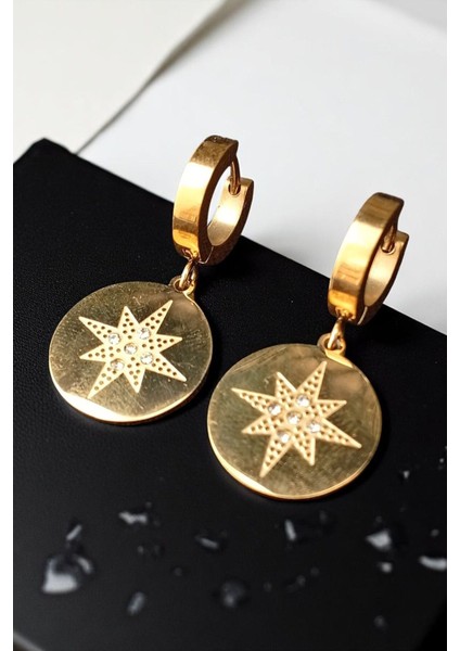 Kadın Çelik Altın Kaplama Zirkon Taşlı Kutup Yıldızı Motifli Sallantılı Halka Klipsli Model Küpe fiyatları