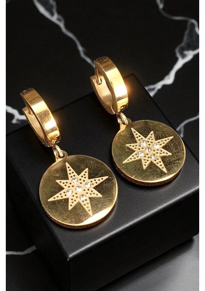 Kadın Çelik Altın Kaplama Zirkon Taşlı Kutup Yıldızı Motifli Sallantılı Halka Klipsli Model Küpe modelleri