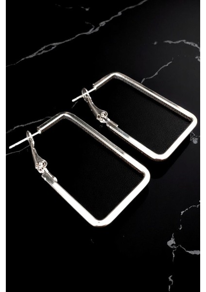 Kadın Çelik Gümüş Kaplama Orta Boy Kare Ince Halka Çember Tasarım Model Günlük Kombin Küpe