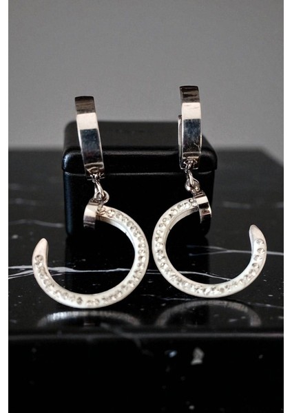 Kadın Çelik Gümüş Kaplama Zirkon Taşlı Halka Klipsli Ay Tema Sallantılı Tasarım Model Kombin Küpe modelleri