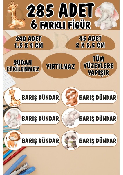 Okul Etiketi Kalem Defter Etiketi Minik Safari Hayvanları Özel Isimli Etiket 6 Figür - 285 Adet