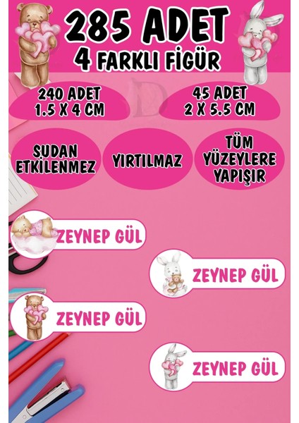 Okul Etiketi Kalem Defter Etiketi Tavşancık ve Ayıcık Özel Isimli Etiket 4 Figür - 285 Adet