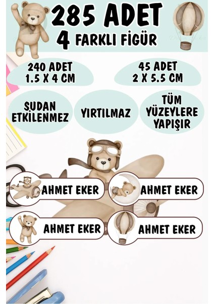 Okul Etiketi Kalem Defter Etiketi Soft Renk Ayıcıklar Özel Isimli Etiket 4 Figür - 285 Adet