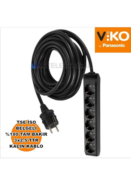 Multi-Let | Altılı 5 Metre Topraklı Çocuk Korumalı Grup Priz - 6'lı, 5 M, Siyah - (3x2.5 Ttr Tam Bakır Kalın Kablolu)