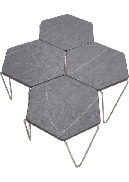 Mermer Desenli Gri 4 Lü Üstü Mdf Içi Dolgu Demirli Petek Zigon Sehpa