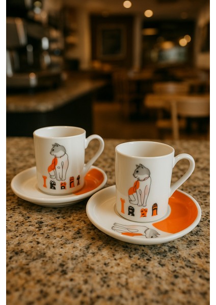 - Özel Tasarım 2'li Kedi Desenli Porselen Kahve Fincan Seti 4 Parça "%100 Yerli Ürün"