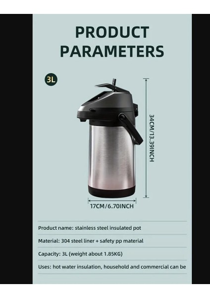 3l Hava Basınçlı Yalıtımlı Termos Paslanmaz Çelik Sıcak Su