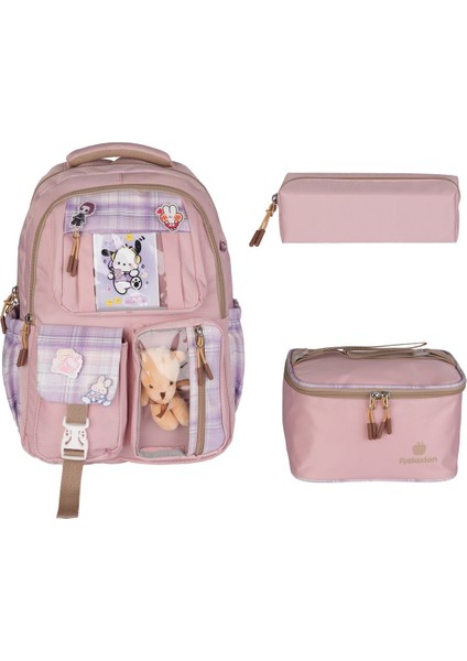 Kawaii Kore Tarzı Somon Renk Sırt Okul Çantası Seti Beslenme Çantası Kalemlik Peluş Oyuncaklı modelleri