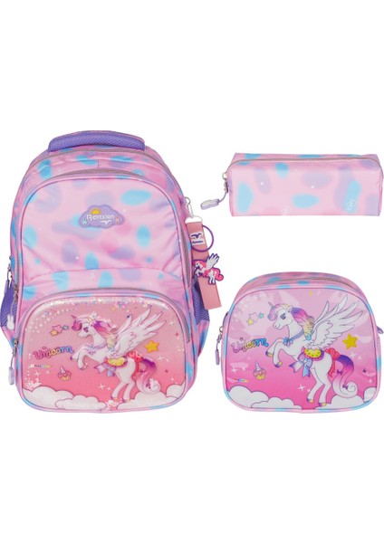 Kız Çocuk Unicorn Desenli Ilkokul Çantası 3'lü Set Sırt Çantası, Beslenme Çantası ve Kalemlik
