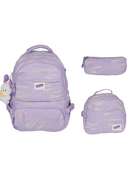 Kız Çocuk Zikzak Desenli Lila 3’lü Okul Çantası – Kore Tarzı , Peluş Detaylı Set modelleri