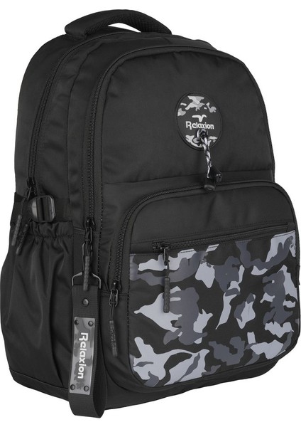 Relaxion Siyah Ortaokul Lise Sırt Çantası Suya Dayanıklı Kamuflaj Desenli 2140