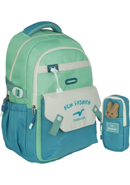 Relaxion Çocuk Yeşil Renkli Kore Tarzı Su Geçirmez Okul Sırt Çantası ve Kalemlik Seti