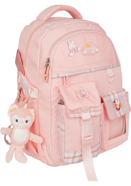 Kız Çocuk Pembe Kore Tarzı Kawaii Ilkokul Ortaokul Sırt Çantası – Ekstra Cepli, Peluş Anahtarlık