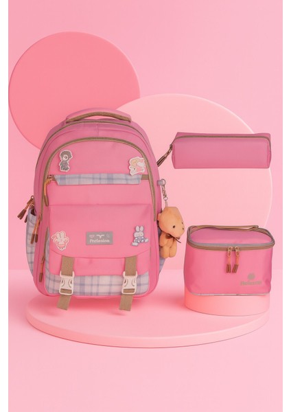 Relaxion Kore Tarzı Kawaii Su Geçirmez Pembe 3'lü Okul Çantası Seti Çocuk Ilkokul Ortaokul