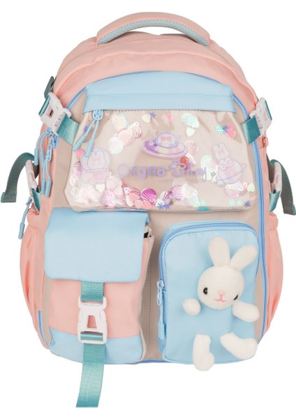 Kız Çocuk Kawaii Kore Tarzı Tavşan Figürlü Pembe Ilkokul ve Ortaokul Sırt Çantası
