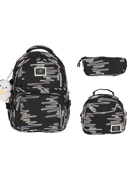 Kız Çocuk Zigzag Desenli Siyah 3’lü Okul Çantası – Kore Tarzı , Peluş Detaylı Set