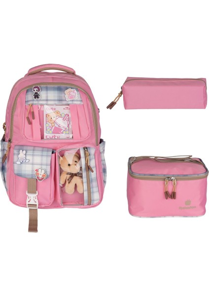 Kawaii Kore Tarzı Pembe Sırt Okul Çantası Seti Beslenme Çantası Kalemlik Peluş Oyuncaklı fiyatları