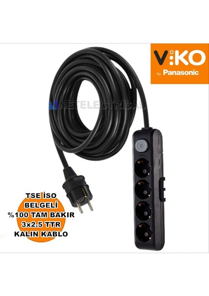 Multi-Let | Dörtlü 5 Metre Anahtarlı Topraklı Çocuk Korumalı Grup Priz - 4'lü, 5 M, Siyah (3x2.5 Ttr Tam Bakır Kalın Kablolu)