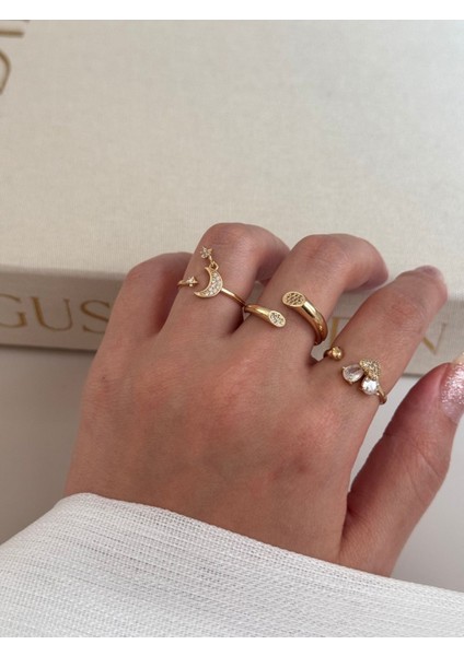 Üçlü Altın Renk Ayarlanabilir Yüzük Seti – Ay Yıldız ve Taşlı Zarif Tasarım