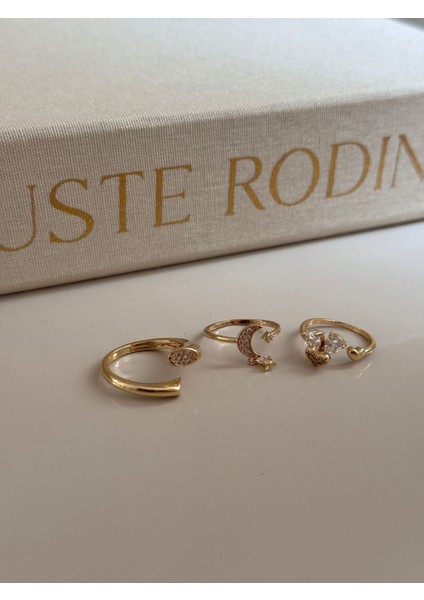 Üçlü Altın Renk Ayarlanabilir Yüzük Seti – Ay Yıldız ve Taşlı Zarif Tasarım fiyatları