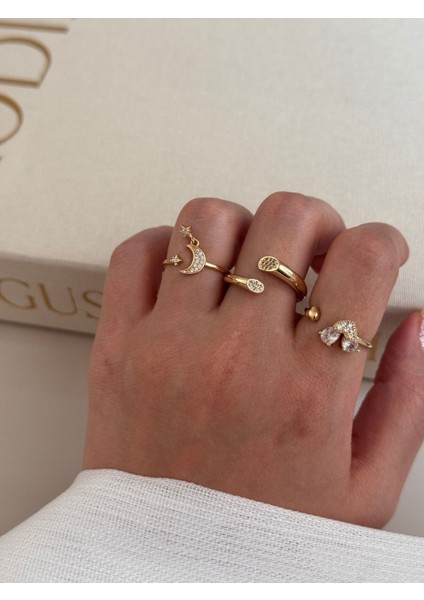 Üçlü Altın Renk Ayarlanabilir Yüzük Seti – Ay Yıldız ve Taşlı Zarif Tasarım modelleri