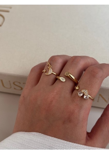 Üçlü Altın Renk Ayarlanabilir Yüzük Seti – Ay Yıldız ve Taşlı Zarif Tasarım fırsatları