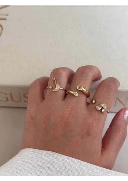 Üçlü Altın Renk Ayarlanabilir Yüzük Seti – Ay Yıldız ve Taşlı Zarif Tasarım indirimleri