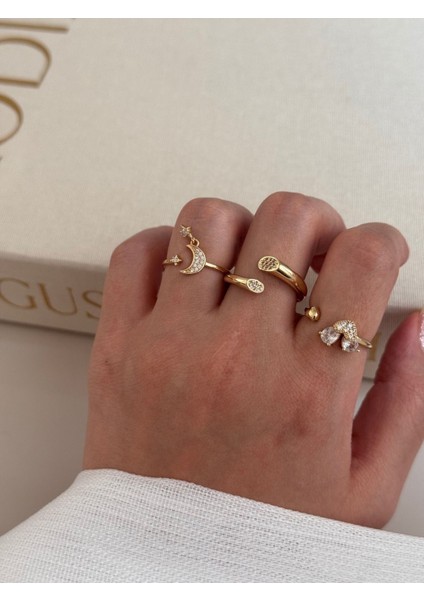 Üçlü Altın Renk Ayarlanabilir Yüzük Seti – Ay Yıldız ve Taşlı Zarif Tasarım