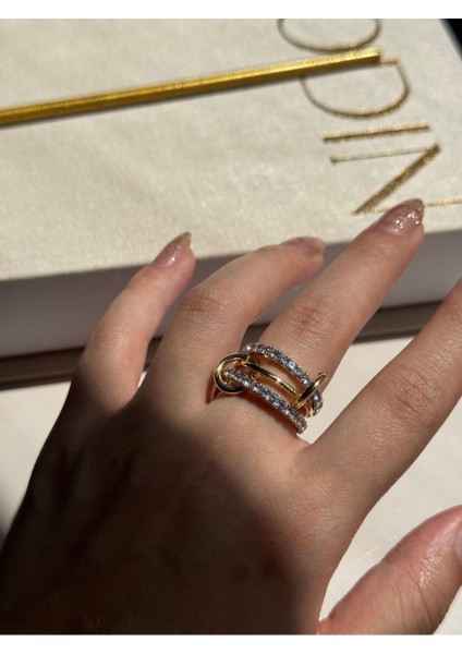 Zirkon Taşlı Üçlü Halka Çelik Yüzük Gold