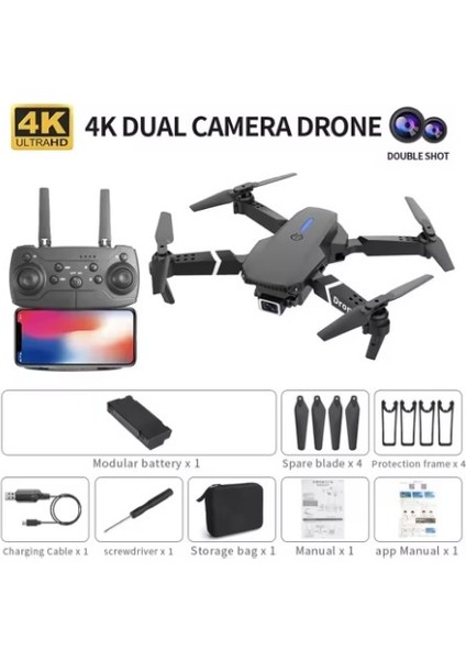 E88 Kumandalı Katlanabilir Drone, Profesyonel Hd Kamera, Wifi, Fpv Fotoğraf Quadcopter Selfie Drone