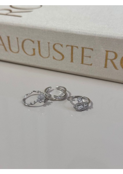 Üçlü Gümüş Renk Ayarlanabilir Yüzük Seti – Zarif Taşlı ve Çiçek Detaylı Tasarım fiyatları