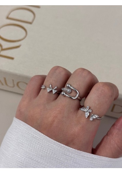 Üçlü Gümüş Renk Ayarlanabilir Yüzük Seti – Fiyonk, Yaprak ve Modern Tasarım