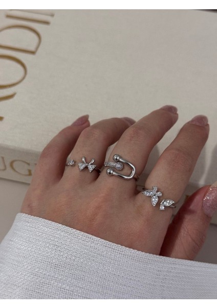 Üçlü Gümüş Renk Ayarlanabilir Yüzük Seti – Fiyonk, Yaprak ve Modern Tasarım modelleri