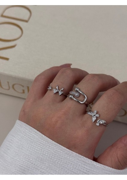 Üçlü Gümüş Renk Ayarlanabilir Yüzük Seti – Fiyonk, Yaprak ve Modern Tasarım fırsatları