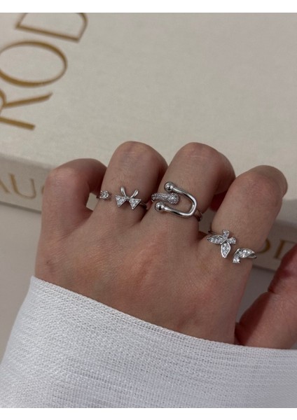 Üçlü Gümüş Renk Ayarlanabilir Yüzük Seti – Fiyonk, Yaprak ve Modern Tasarım indirimleri