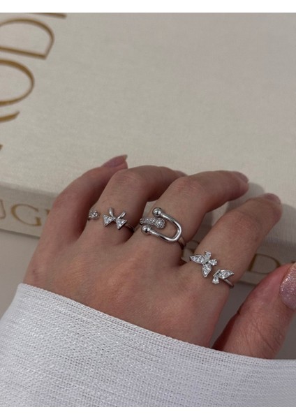 Üçlü Gümüş Renk Ayarlanabilir Yüzük Seti – Fiyonk, Yaprak ve Modern Tasarım