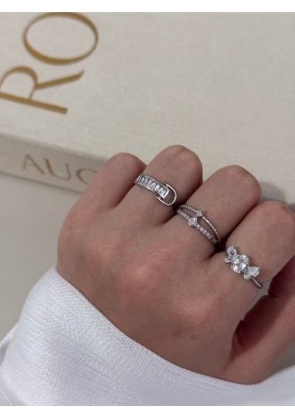 Üçlü Gümüş Renk Ayarlanabilir Yüzük Seti – Baget, Yıldız ve Kelebek Tasarım