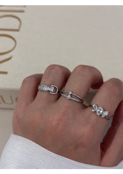 Üçlü Gümüş Renk Ayarlanabilir Yüzük Seti – Baget, Yıldız ve Kelebek Tasarım modelleri