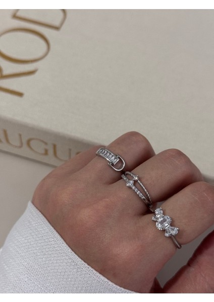 Üçlü Gümüş Renk Ayarlanabilir Yüzük Seti – Baget, Yıldız ve Kelebek Tasarım