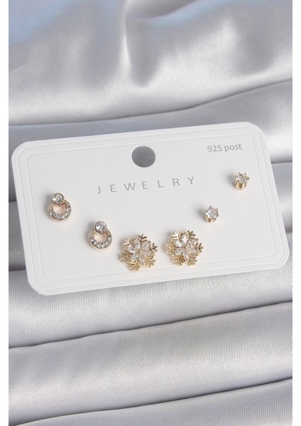 Pirinç Gold Renk Zirkon Taşlı Kar Tanesi Model 925 Ayar Gümüş Çivi Kadın Küpe Seti