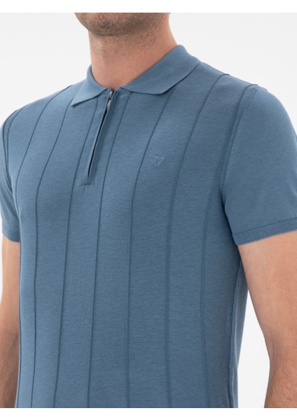 Erkek Indigo Slim Fit Nervürlü Fermuarlı Polo Yaka Triko T-Shirt 50309871-VR028