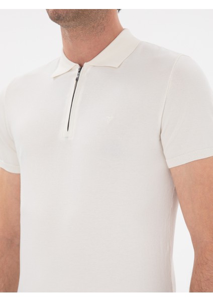 Erkek Beyaz Slim Fit Fermuarlı Polo Yaka Triko T-Shirt 50309881-VR013