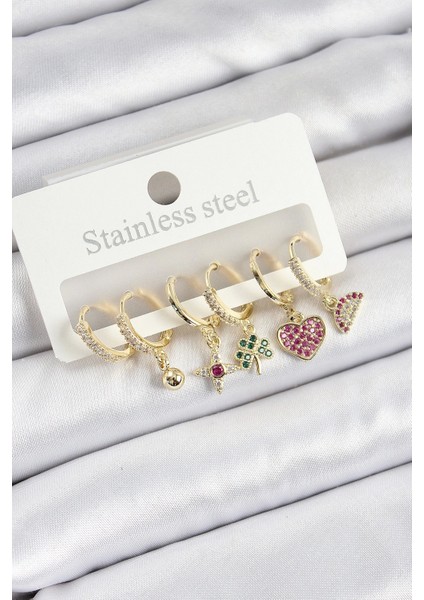 Pirinç Zirkon Taşlı Karpuz Yonca Kalp Pusula Karışık Model Gold Renk 6'lı Set Kadın Küpe