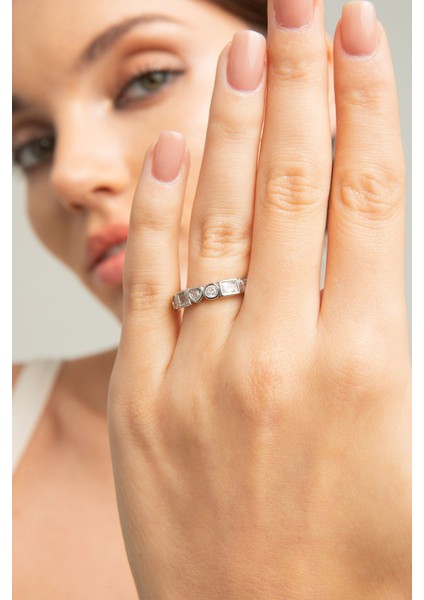 Kadın Yuvarlak Kare Kalp Figürlü Baget Zirkon Taşlı Tasarım Gümüş Kaplama Ayarlanabilir Işıltı Yüzük