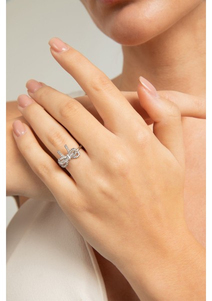 Kadın Çift Fiyonk Tasarım Model Minimalist Zirkon Taşlı Çelik Gümüş Kaplama Ayarlanabilir Yüzük