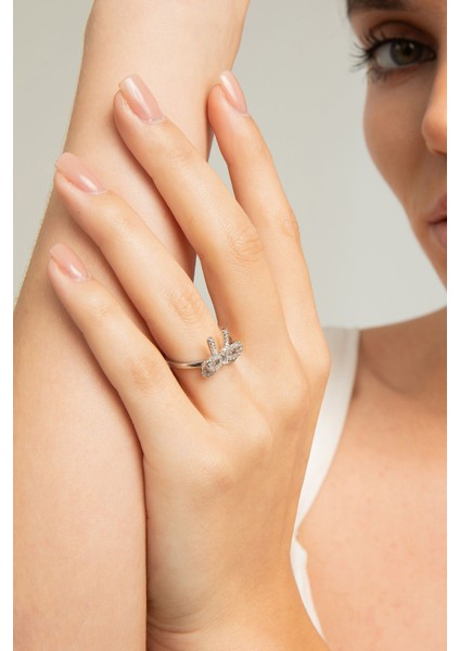 Kadın Çift Fiyonk Tasarım Model Minimalist Zirkon Taşlı Çelik Gümüş Kaplama Ayarlanabilir Yüzük modelleri