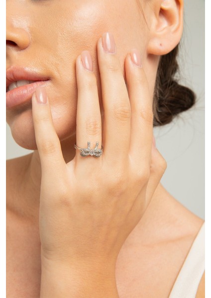 Kadın Çift Fiyonk Tasarım Model Minimalist Zirkon Taşlı Çelik Gümüş Kaplama Ayarlanabilir Yüzük fırsatları