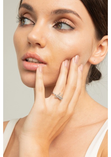 Kadın Çift Fiyonk Tasarım Model Minimalist Zirkon Taşlı Çelik Gümüş Kaplama Ayarlanabilir Yüzük indirimleri