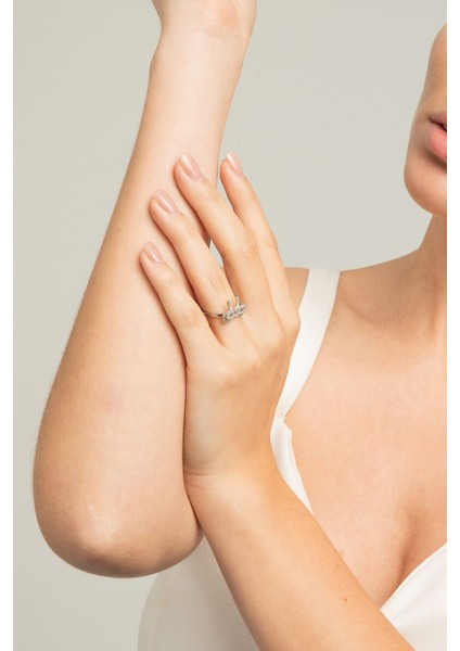 Kadın Çift Fiyonk Tasarım Model Minimalist Zirkon Taşlı Çelik Gümüş Kaplama Ayarlanabilir Yüzük