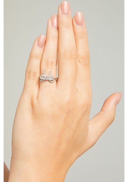 Kadın Çift Fiyonk Tasarım Model Minimalist Zirkon Taşlı Çelik Gümüş Kaplama Ayarlanabilir Yüzük